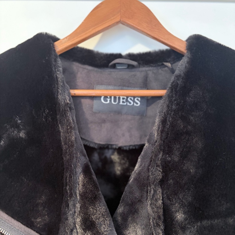 GUESS Faux Fur Belted Moto Jacket Black Y2K Glam Gothic Lace Mobwife M Upcycle - Picture 3 of 15